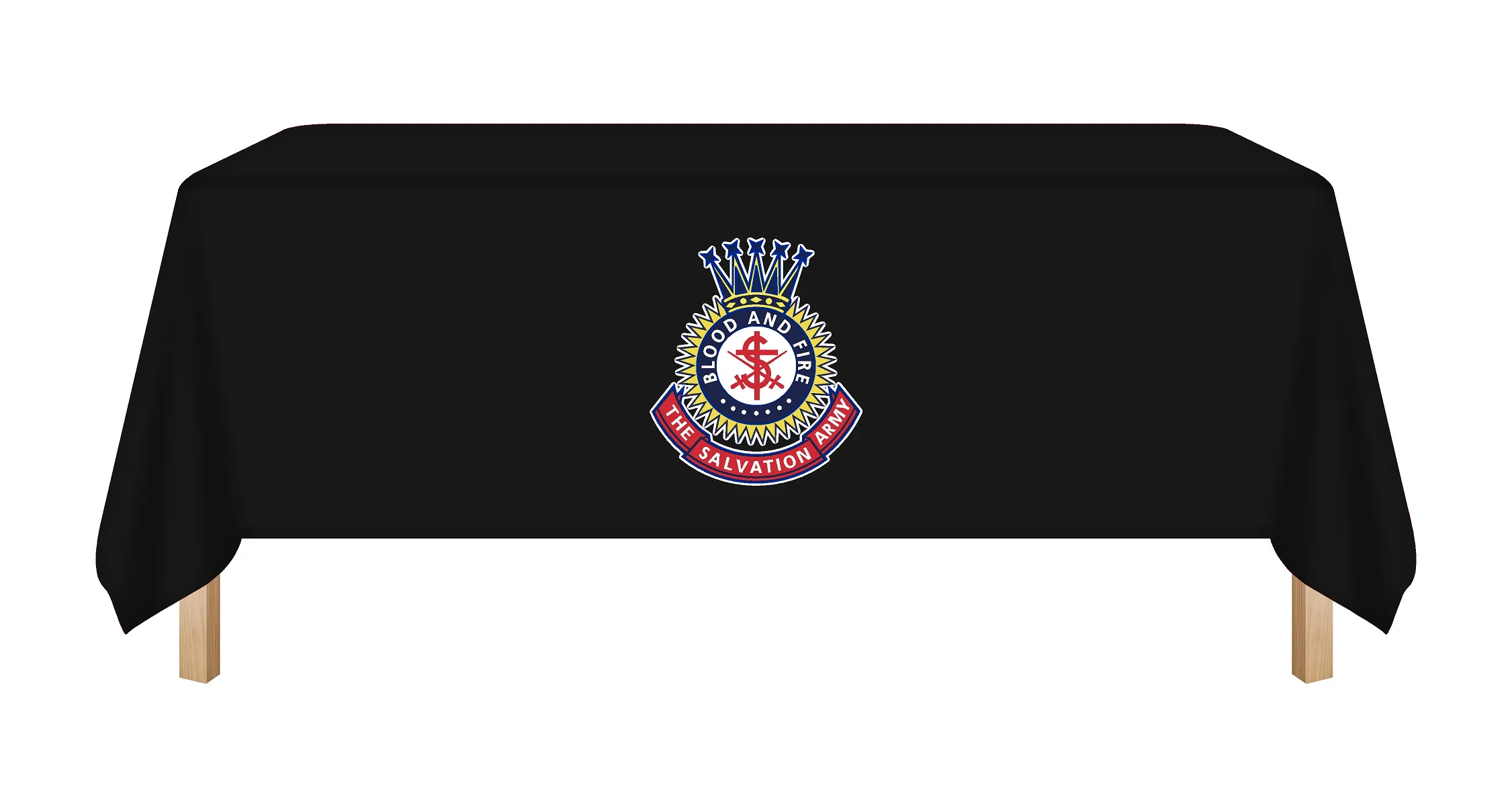 Black table cloth with Salvation Army Crest logo
