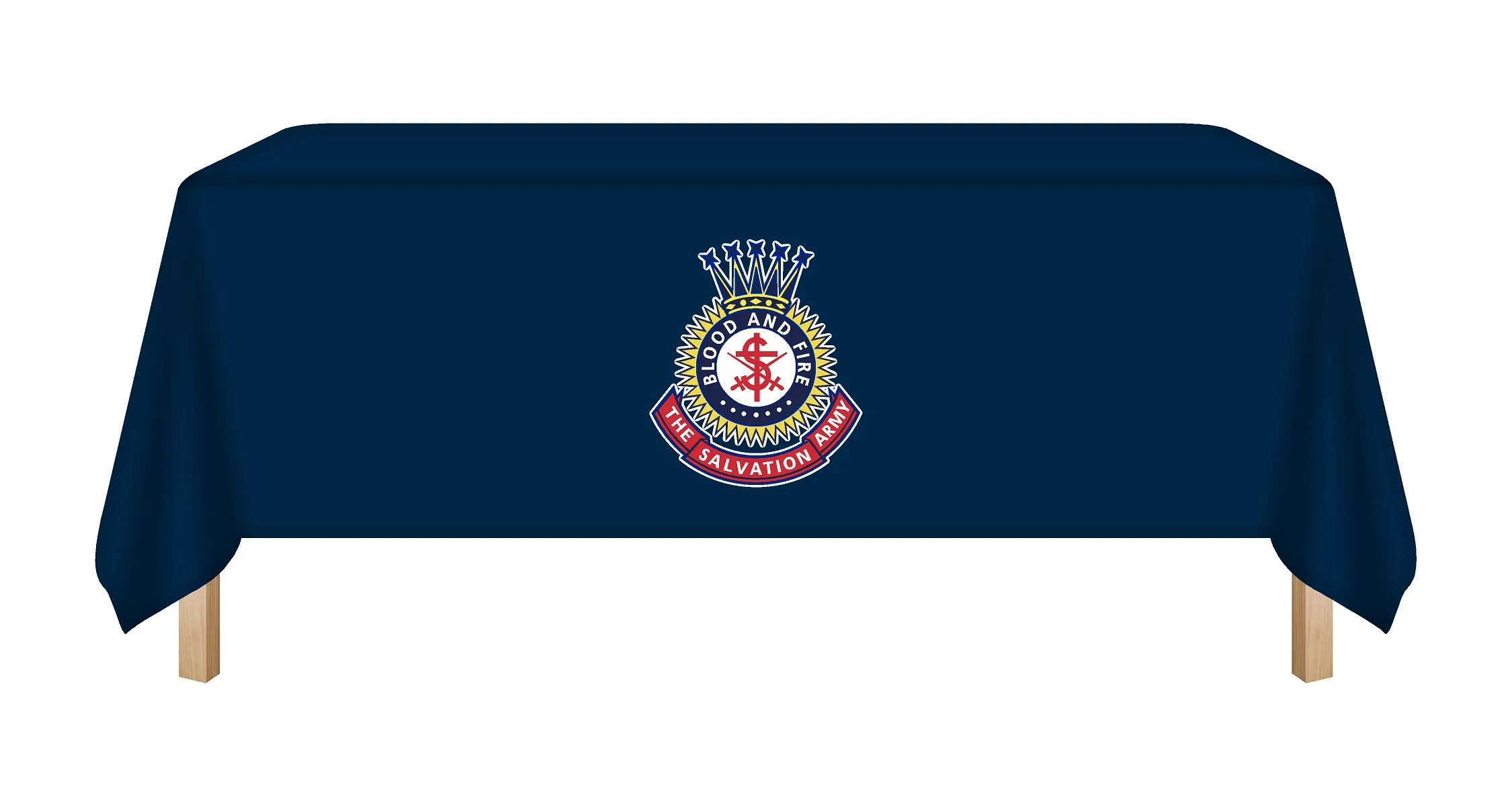 Blue table cloth with Salvation Army Crest logo