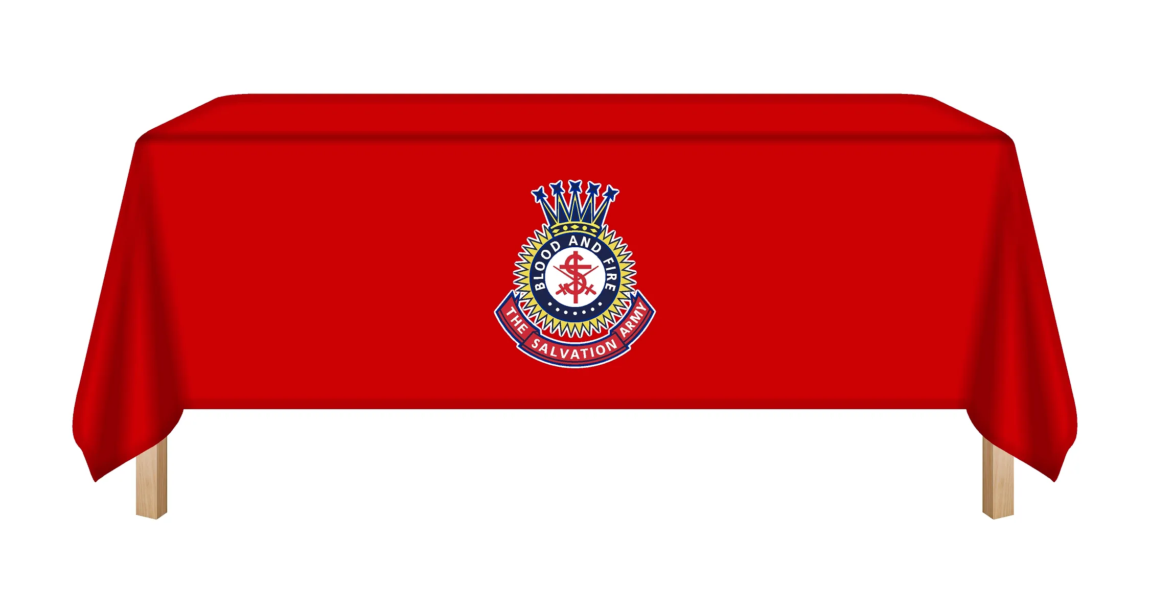 Red table cloth with Salvation Army Crest logo