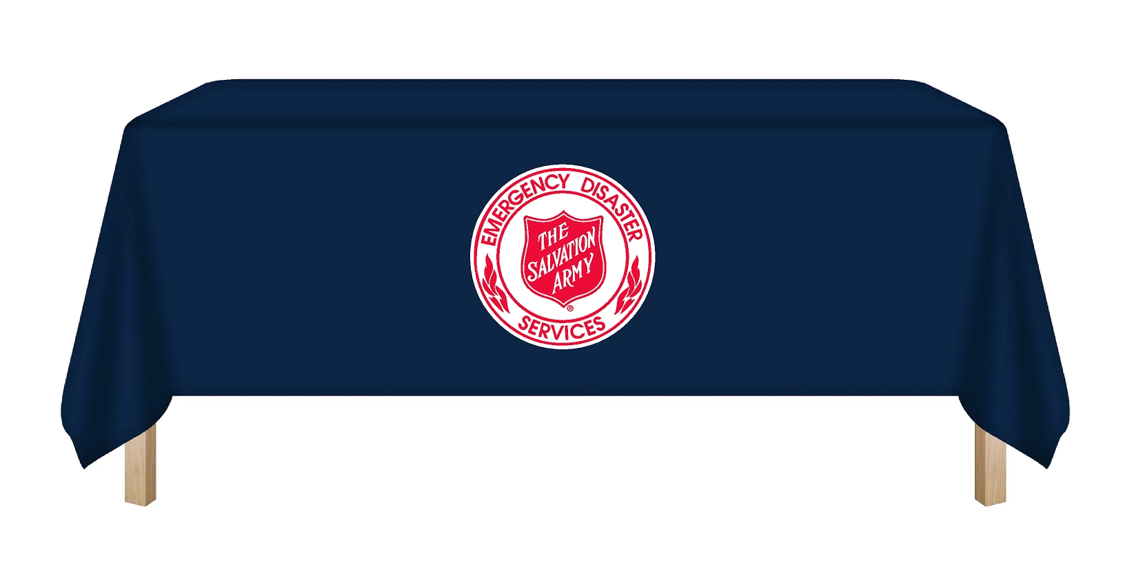 Navy table cloth with Salvation Army EDS logo